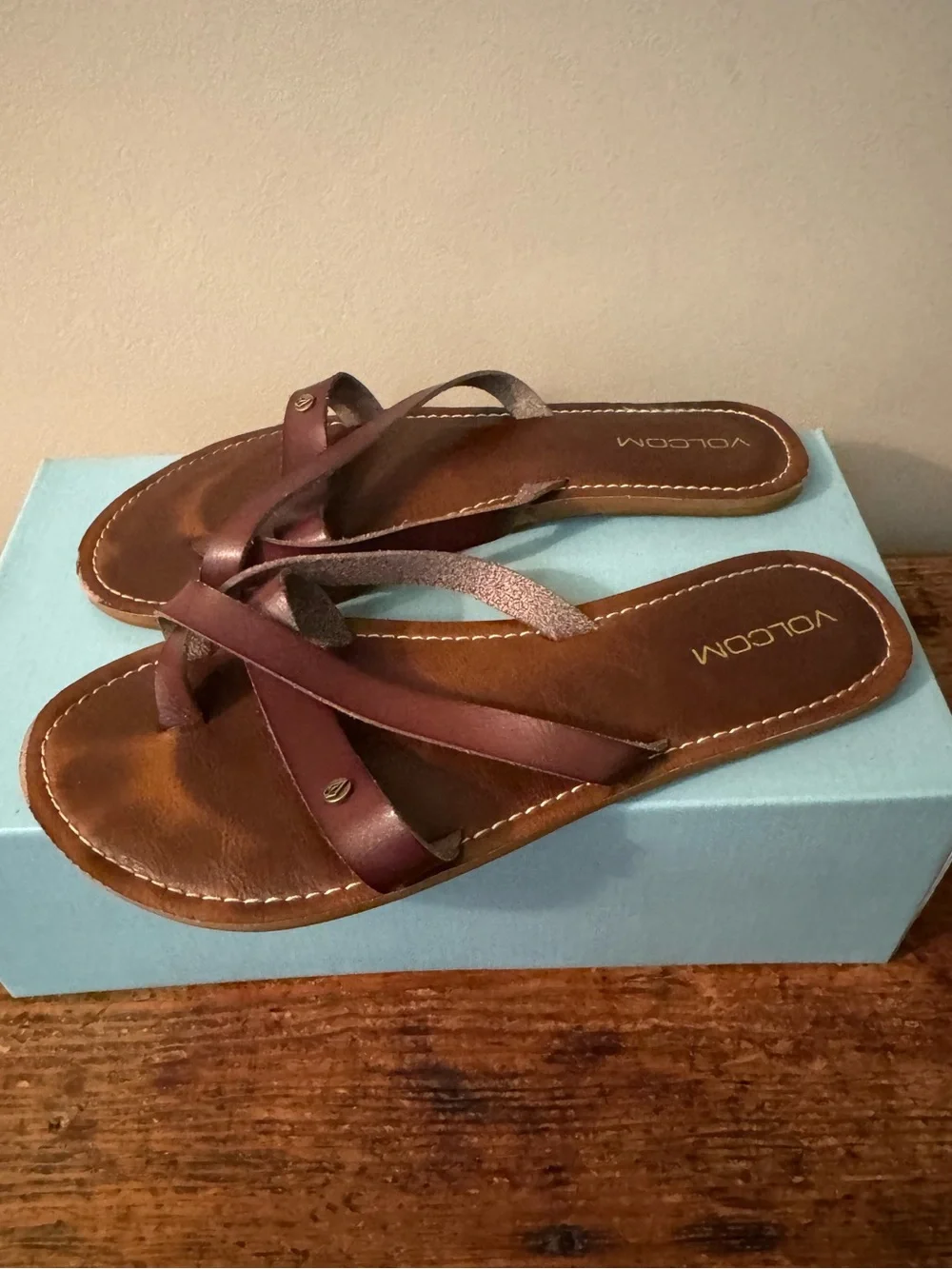 Volcom Women's Brown Leather Slide Sandals, Size 9